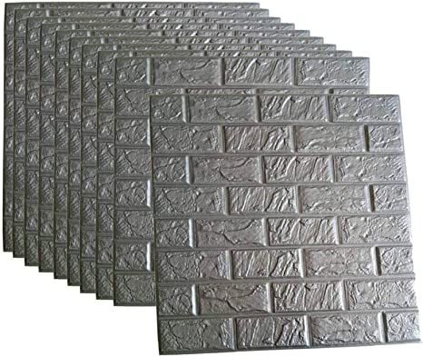 3D Foam Wall Panels Grey Color Peel and Stick Brick Wallpaper POPPAP Self-Adhesive Removable for TV Walls, Background Wall Decor 10PCS