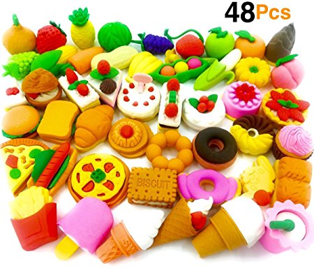 O'Hill Pack of 48 Pencil Erasers Assorted Food Cake Dessert Puzzle Erasers for Birthday Party Supplies Favors, School Classroom Rewards and Novelty Toys