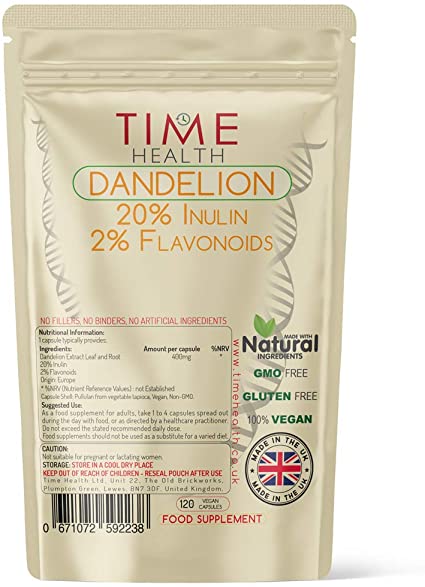 European Dandelion Extract Capsules - Full Spectrum Root & Leaf - 2400mg Wholefood Equivalent per Capsule - 20% Inulin / 2% Flavanoids - Vegan - Zero Additives (120 Capsule Pouch)