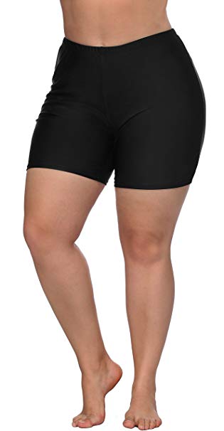 ATTRACO Womens Plus Size Board Short High Waisted Solid Stretch Boyleg Swim Shorts