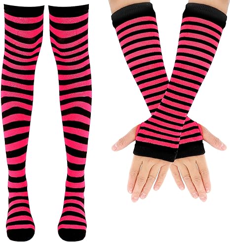 Women's Striped Knee High Socks & Arm Warmer Warm Over Knee Stockings Leg Warmer Striped Long Fingerless Gloves