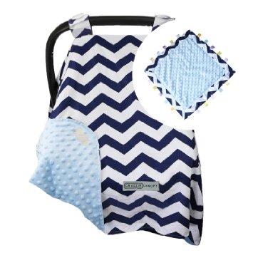 5 Colors - Car Seat Canopy by CRAZZIE with Matching Soft TAGZ Blanket (Navy Zigzag Blue Minky with TAGZ Blanket)