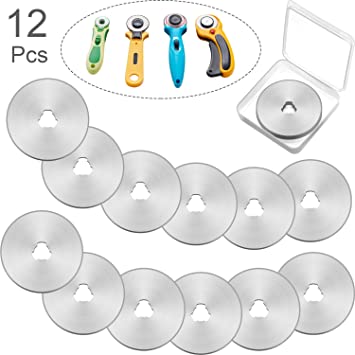 12 Pieces 45 mm Rotary Blade Refill Rotary Cutter Replacement Blades Patchwork Fabric Leather Cutter Blades Round Cloth Paper Cutting Blades with Box for Cutting Fabric, Paper, Felt, Leather, Vinyl