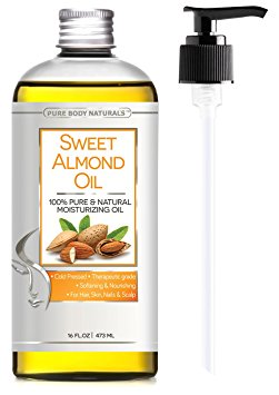 Sweet Almond Oil, Triple AAA+ Grade Quality, For Hair, For Skin and For Face, 100% Pure and Organic from Spain, Cold Pressed , 16 fl oz by Pure Body Naturals