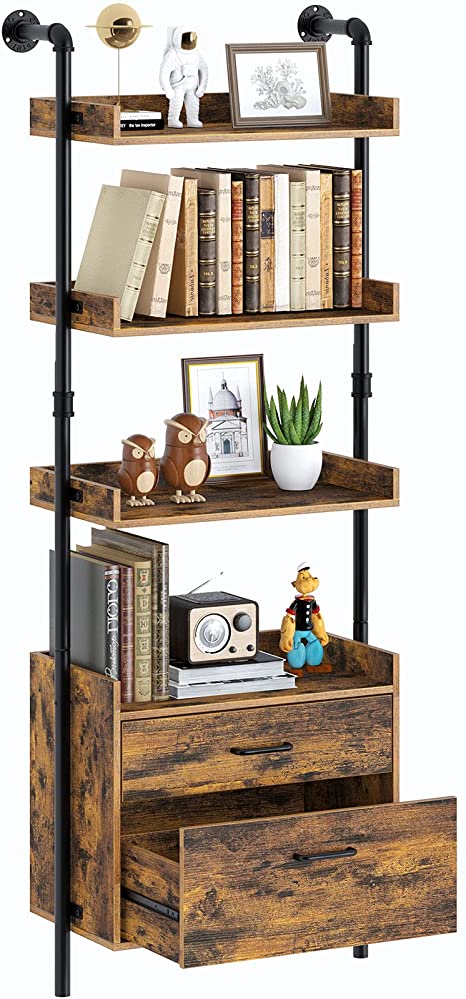 Rolanstar Industrial Bookshelf with 2 Wood Drawers, Wall Mounted 4-Tier Bookcase with Stable Metal Frame, Display Storage Rack with Shelf for Living Room, 61.7” Retro Accent Furniture, Rustic Brown