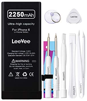 2250mAh High Capacity Replacement Battery Compatible with iPhone 6 / 6G, LeeVee 0 Cycle Li-Polymer Replacement Battery with Repair Tools Kits, Adhesive Strips & Instructions