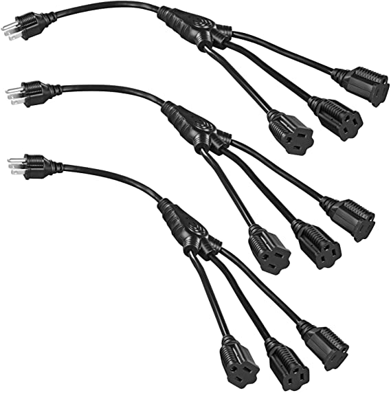 DEWENWILS 18 Inch 1 to 3 Christmas Light Extension Cord Splitter, 16AWG Heavy Duty SJTW Wire, 3 Prong Indoor Power Strip, ETL Listed, Black, Pack of 3