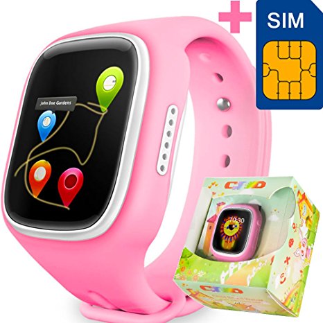 GBD Children Smart Watch Phone for Kids with GPS Tracker Fitness SIM Card Pedometer Anti-lost SOS Finder Touch Screen Smartwatch Wristband Bracelet for Smartphone (Pink)