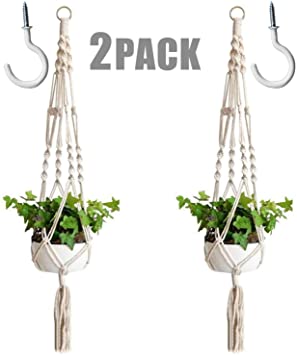 SYOURSELF Macrame Plant Hangers, Handmade Natural Cotton Rope Plant Flowers Holder with Ceiling Hooks Odorless Not-Rotten Durable for Garden Patio Balcony Decorations