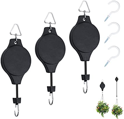 3 Pack Plant Pulley Retractable Hanger, Yotako Adjustable Heavy Duty Plant Hangers Flower Baskets Hooks for Hanging Baskets& Bird Feeder with 3 PCS White Ceiling Plant Hooks