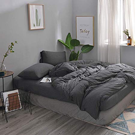 DOUH Jersey Knit Cotton Duvet Cover Queen Dark Gray Duvet Cover Set 3 Pieces, Super Soft Full Comforter Cover and Pillow Shams Comfy Solid Pattern Bedding Set