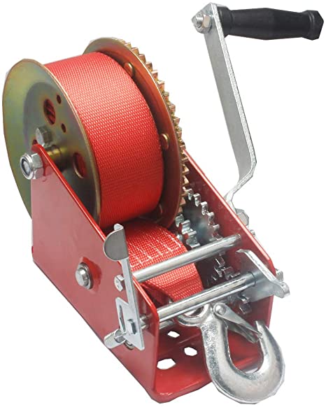 3500lbs Capacity Heavy Duty Hand Winch, 7m(23ft) Nylon Strap 2 Gear Manual Hand Crank for ATV Boat Trailer Truck Auto, Red