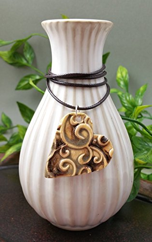 Essential Oil Diffuser Necklace Aromatherapy Perfume Ceramic Clay Artist Heart Pendant in Antique Granada Swirl Scrollwork on a Espresso Brown Waxed Cotton Necklace