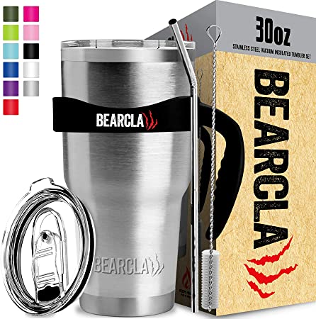 MalloMe Bearclaw Tumbler with Straw - Insulated Stainless Steel Coffee Mug Travel Cup for Water - 2 Splash-Proof Lids, Metal Straw, Brush, Handle - 30 oz Silver