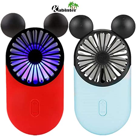 Kbinter Cute Personal Mini Fan, Handheld & Portable USB Rechargeable Fan with Beautiful LED Light, 3 Adjustable Speeds, Portable Holder, for Indoor Outdoor Activities, Cute Mouse 2 Pack (Red Blue)