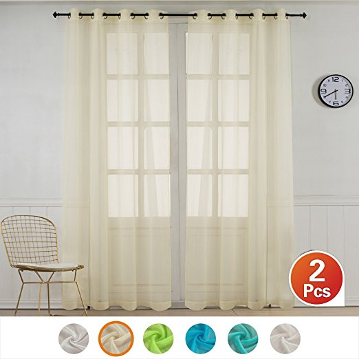 Yakamok 2 Piece Beautiful Voile Panels Sheer Window Curtains With Grommet Top (W55" X L84", Beige)