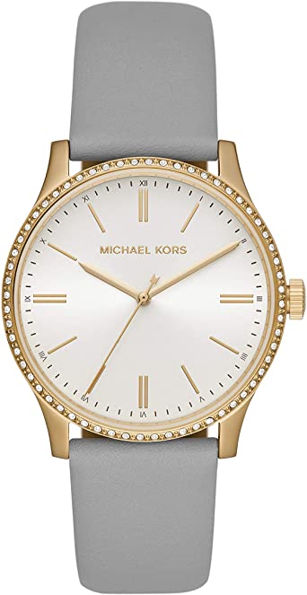 Michael Kors Bailey Stainless Steel Watch With Leather Strap & Glitz Topring