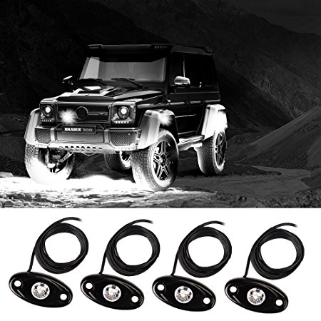 Rock Lights, Off road Lights with 4 Pods CREE LED and Extended wire ( 87" and 39" long ) for JEEP Truck ATV SUV 4x4 Underbody Glow Lights White Waterproof