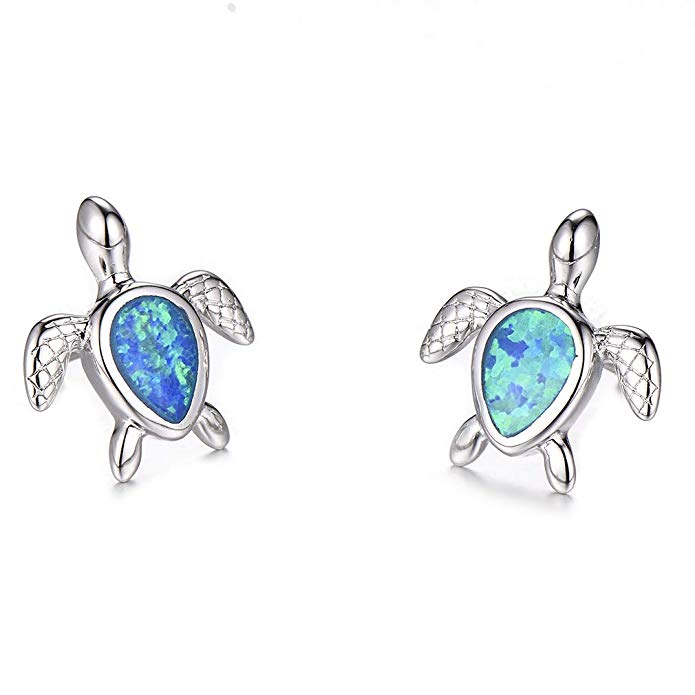 Health and Longevity Sea Turtle Birthstone Jewelry Sterling Silver Created Blue Opal Sea Turtle Earring Rings Pendant Necklace Length 18-20 inch