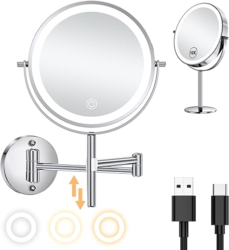 Benbilry Wall Mounted & Tabletop Lighted Makeup Mirror with 10X Magnification, Height Adjustable & 3 Color Dimmable Lights, Rechargeable 8" Vanity Mirror, 360° Rotation 10X Magnifying Bathroom Mirror