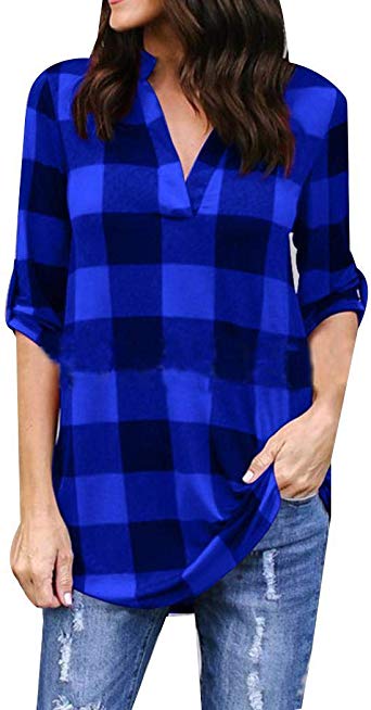 Langle Women Casual V-Neck Roll-Up Cuffed Sleeve Lattice Print Pullover Shirt Blouses