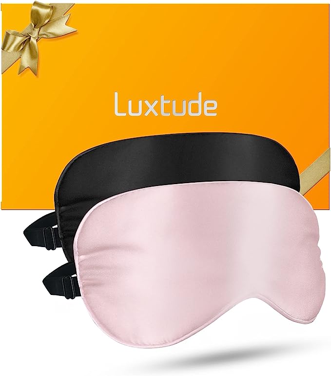 Luxtude 2 Pack Silk Eye Masks for Sleeping Blackout, Natural Mulberry Silk Sleep Masks, Organic Satin Sleeping Mask, Blindfold, Eyemask, Night Masks, Eye Covers, Eye Shades for Women Men, Black & Pink