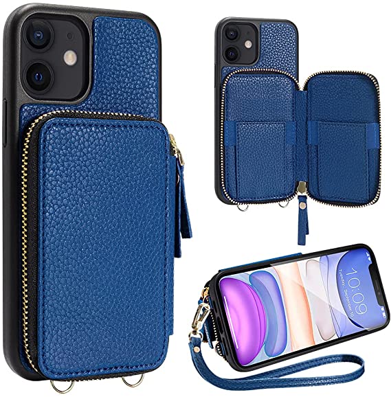 iPhone 11 Wallet Case,iPhone 11 Card Holder Case，ZVE iPhone 11 Case with Credit Card Holder Slot Zipper Handbag Purse with Wrist Strap Protective Leather Case for Apple iPhone 11 6.1'' -Navy Blue