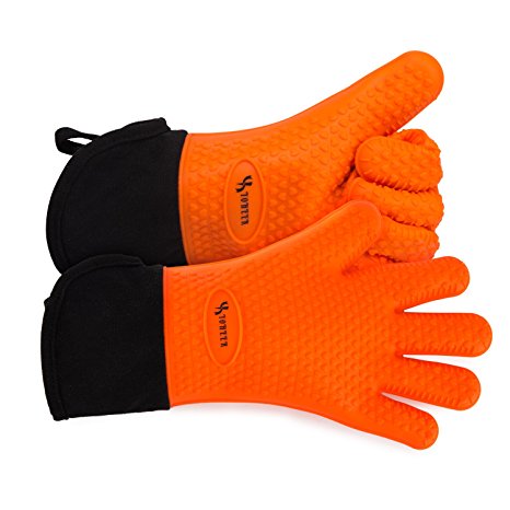 YOHEER Silicone Oven Mitts, Extra-long Quilted Cotton Lining,Heat Resistant Kitchen Potholder Gloves for Oven,Outdoor BBQ Grill,Fireplace Camping,Kitchen and so on.- 1 Pair (Orange)