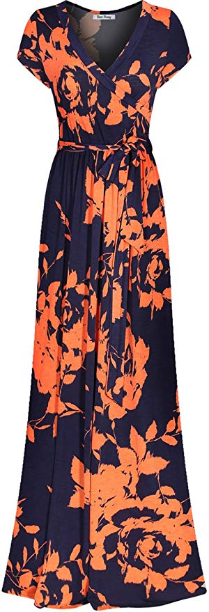 Bon Rosy Women's Short Sleeve V-Neck Floral Maxi Bohemian Wrap Dress
