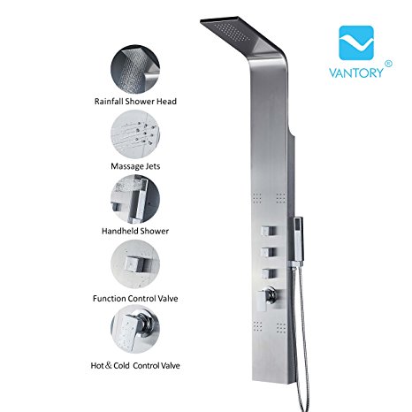 Vantory 63" Stainless Steel Wall Mount Rainfall Showerhead Multi-Function Shower Tower Panel Massage Systerm With Body Jets Fingerprint-free, Brushed Nickle