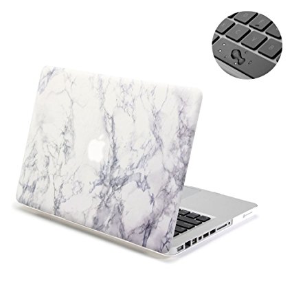 Macbook Pro 15 Case, Topinno Hard Shell Print Frosted Case & Keyboard Cover for Macbook Pro 15 With CD Rom (Model: A1286) - White Marble Rubber Coated Cover