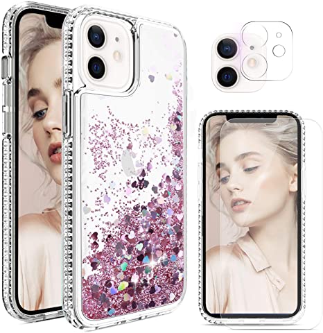 Elegant Choise Case for iPhone 12 Case Liquid Glittery with Glass Screen and Camera Lens Protector for Girls Women, Flowing Floating Bling Sparkling Shiny Crystal Phone Case Cover