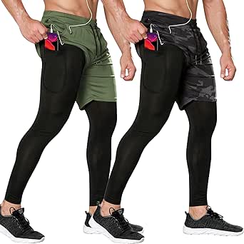 Odoland 2 Pack Mens Compression Running Pants, 2 in 1 Quick Dry Athletic Workout Sweatpants Shorts Gym Leggings with Pocket