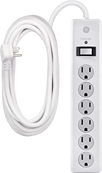 GE 6-Outlet Surge Protector, 25 Ft Extension Cord, Power Strip, 800 Joules, Flat Plug, Twist-to-Close Safety Covers, Protected Indicator Light, UL Listed, White, 61291