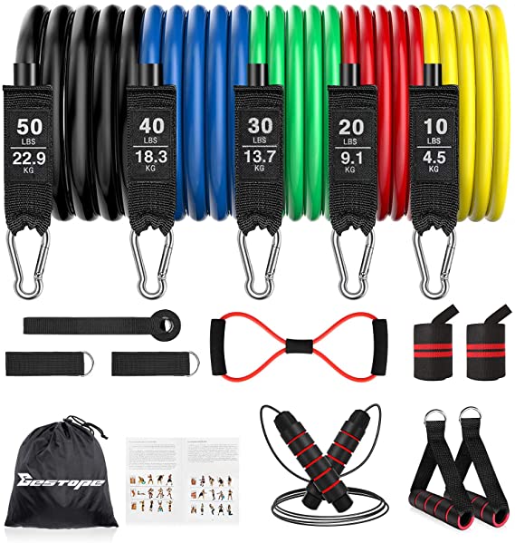 Resistance Bands Set with Handles-16pcs, BESTOPE Elastic Fitness Bands for Working Out, Excercise Band with Skipping Rope,Wrist Wraps,8-Shape Band,Door Anchor,Legs Ankle Straps for Men Women Stretch