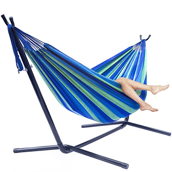 Sorbus Double Hammock with Steel Stand Two Person Adjustable Hammock Bed - Storage Carrying Case Included (Blue/Green)