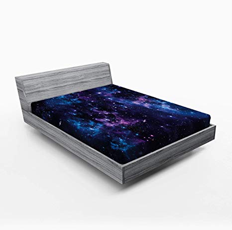 Ambesonne Space Fitted Sheet, Mystical Sky with Star Clusters Cosmos Nebula Celestial Scenery Artwork, Soft Decorative Fabric Bedding All-Round Elastic Pocket, Queen Size, Purple Blue