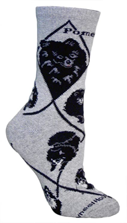 Black Pomeranian on Gray Ultra Lightweight Cotton Crew Socks - Made in USA