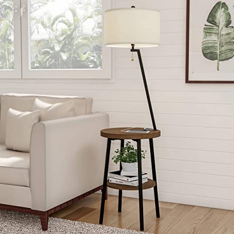 Lavish Home A1000B3 Floor Lamp End Mid Century Modern Side Table with Drum Shaped Shade, LED Light Bulb Included, USB Charging Port and Storage Shelf, Various