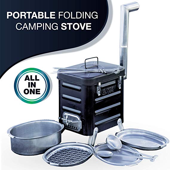 Camping Stove – Survival Backpacking Stove – Portable Outdoor Charcoal Biomass and Wood Burning Folding Camp Stove for Camping, Hiking, Fishing, Hunting, RV, Emergency Preparedness - Camping Grill
