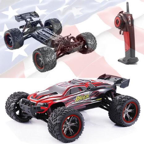 E-COM RC Cars S912 33MPH 1/12 Scale Electric Monster Hobby Truck With Waterproof Electronics, Remote Control Off Road Red Truggy Toys