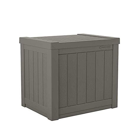 Suncast 22-Gallon Small Deck Box - Lightweight Resin Outdoor Storage Deck Box and Seat for Patio Cushions, Gardening Tools and Toys - Stone Gray