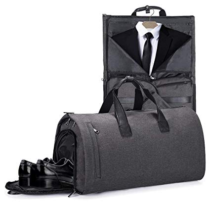 Basuwell Carry On Garment Bag with Shoulder Strap & Shoe Pouch Large Duffel Bag Suit Travel Bag for Men Women (Navy Grey)