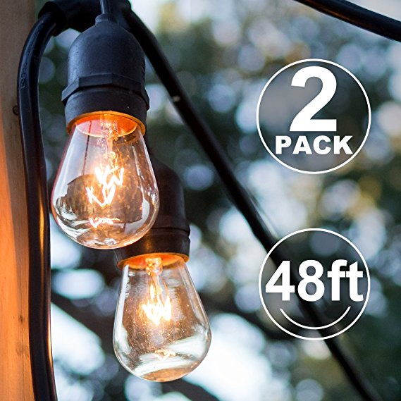 2 Pack Outdoor String Lights Commercial Great Weatherproof Strand - Dimmable Edison Vintage Bulbs 15 Hanging Sockets, UL Listed Heavy-Duty Decorative Patio Café lights for Bistro Garden Wedding Malls