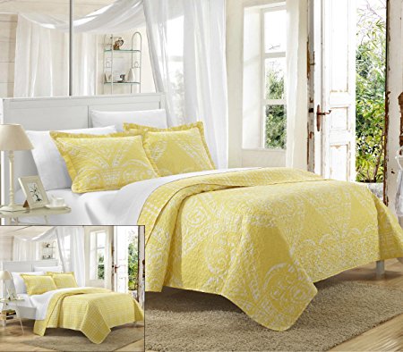 Chic Home 3 Piece Napoli Reversible Printed Quilt Set, King, Yellow