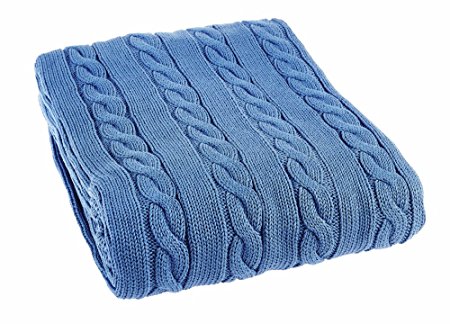 Arus Luxury Cotton Cable Knit Throw Blanket, Saks Blue