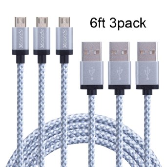 Xcord(TM)3 Pack 6FT Extra Long Micro USB to USB Cable Nylon Braided Charging Cable and Data Sync Cable A Male to Micro B Charge for Android, Samsung, HTC, Motorola, Blackberry Smartphones,Tablets