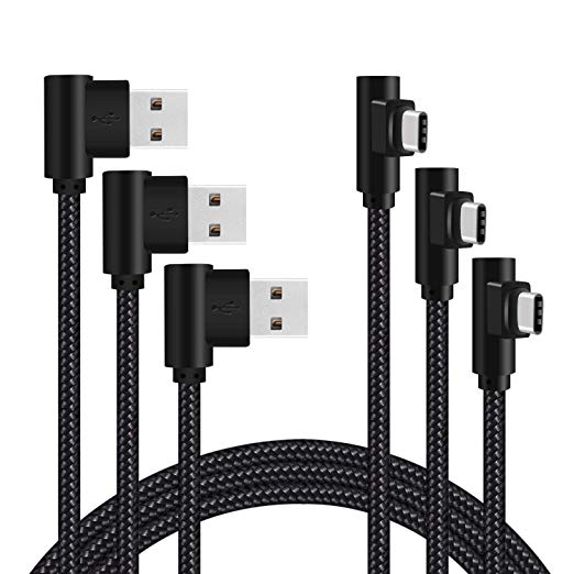 Right Angle USB C Cable [3-Pack, 1FT,4FT,6FT] 90 Degree USB C to USB A Fast Charging Nylon Braided Type C Cords for iPad Pro 2018, Samsung S9 S8 Note 9 (Black)