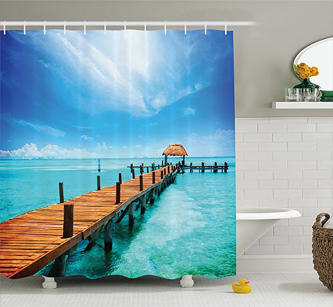 Ambesonne Nautical Shower Curtain Ocean Scenery Decor by, Wooden Dock Maldives Tropical Island Seashore Gazebo Cabana Theme Beach Decorations for Home Bathroom Fabric 69 x 70 Inches Blue Turquoise