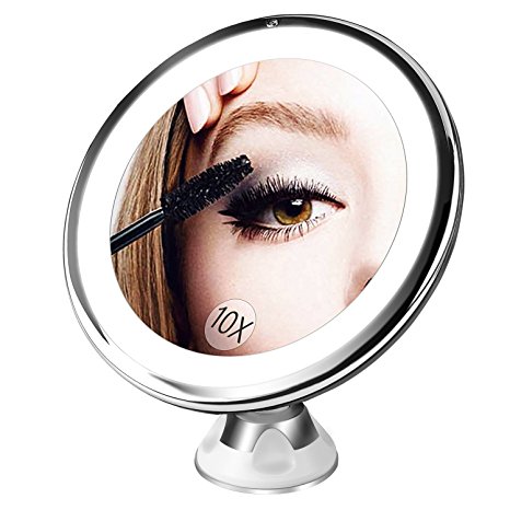 BESTOPE 10X Magnifying Lighted Makeup Mirror with 16 Natural Led Lights,360°Rotation Locking Suction,Dimmable Light,Battery Operated,Portable Bathroom Mirror